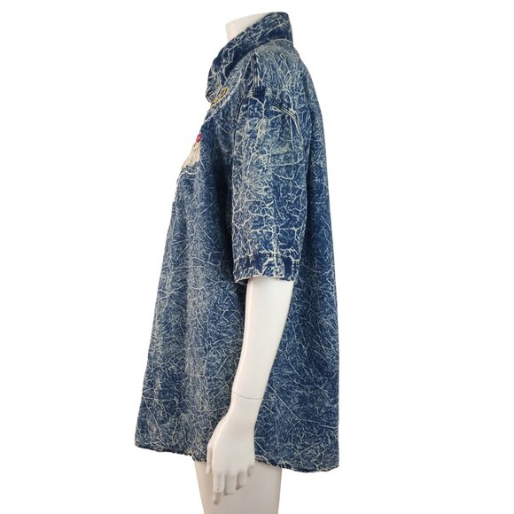 Vintage Pret Blue Acid Wash Embellished Short Sleeve Button Front Shirt - Picture 5 of 7